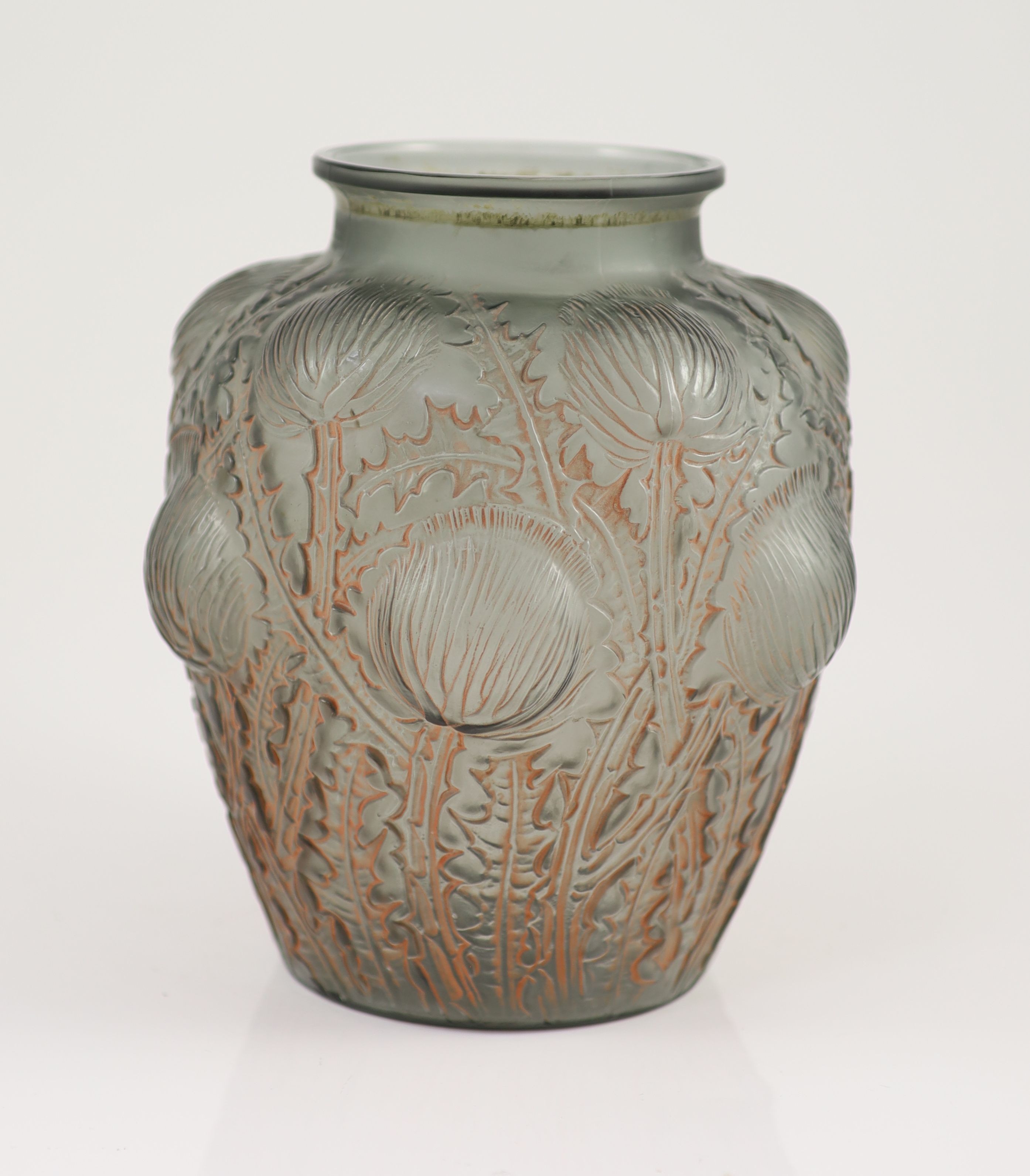 An R. Lalique 'Domremy' grey frosted glass vase, 21.5cm